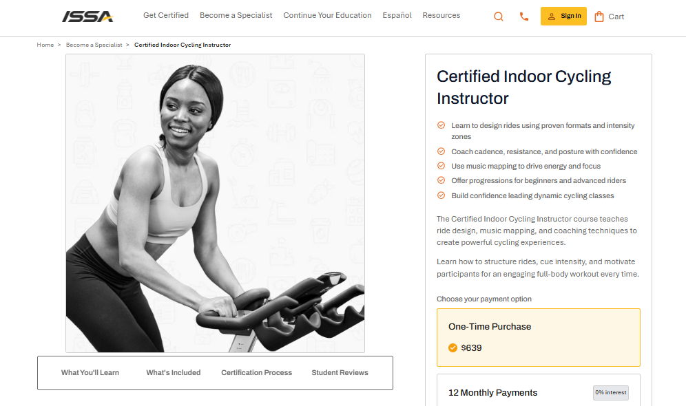 ISSA Certified Indoor Cycling Instructor