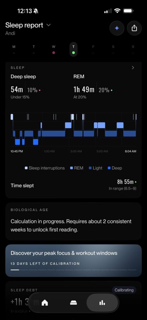 Eight Sleep app sleep report showing deep sleep, REM and sleep stages
